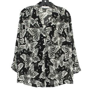 Vintage Top Sheer Butterfly Cottage Coastal Grandma Boho Y2K Button Up Black XL